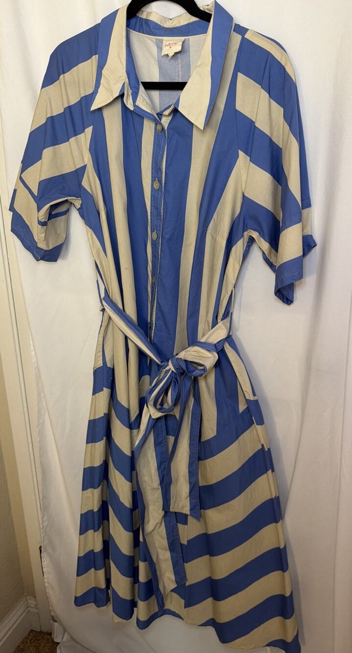 Plenty by Tracy Reese Anthro Shirt Dress Women's 1X Blue Tan Striped Belted